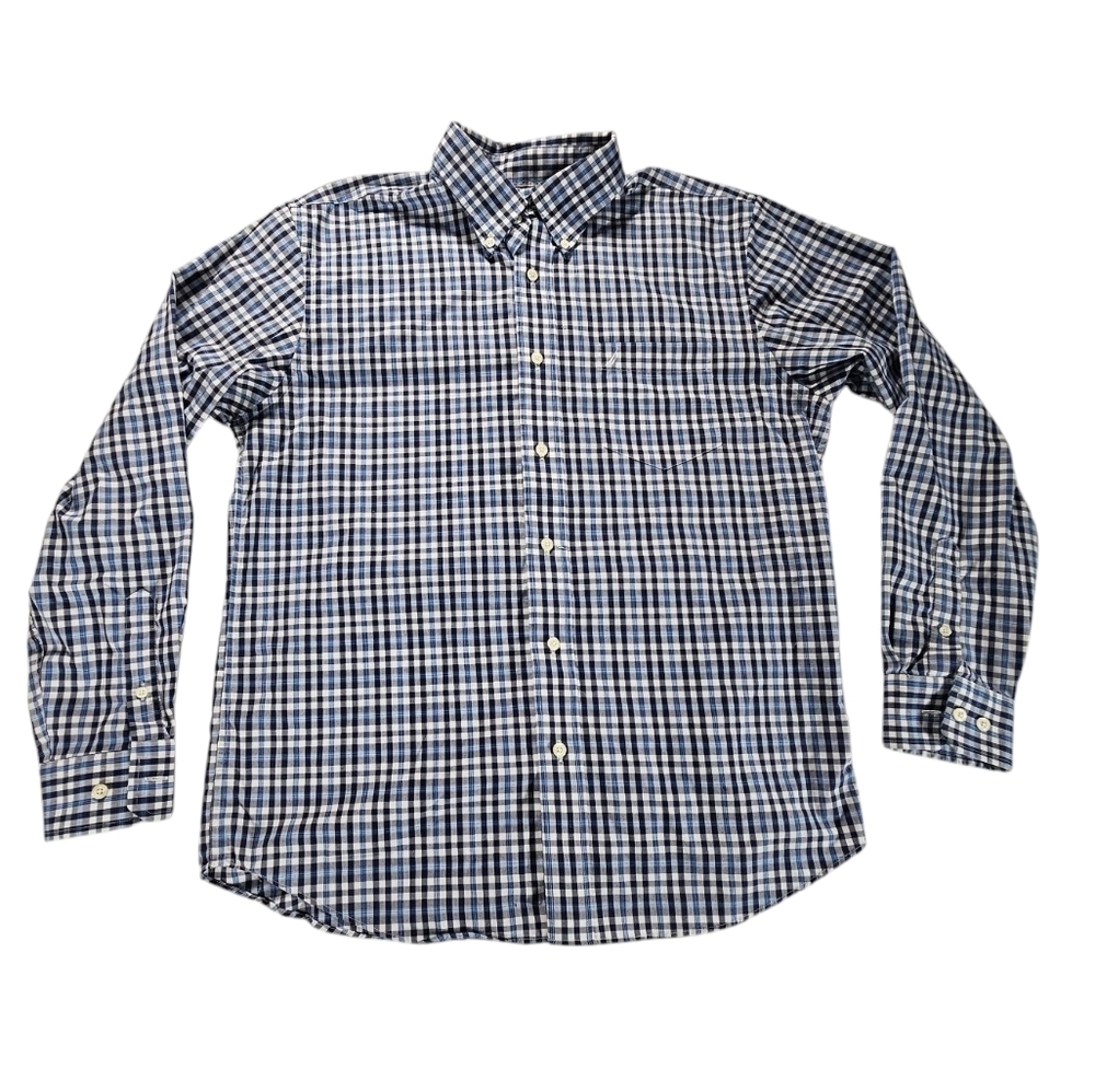 Nautica Blue Plaid Button Down Shirt Slim Fit Wrinkle Resistant Size Large
